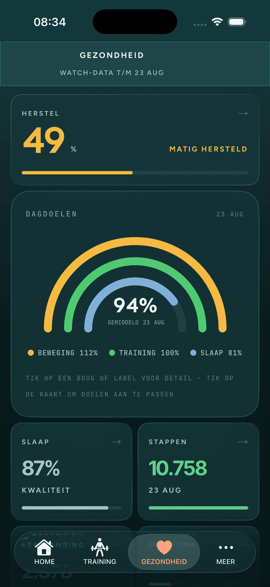 Het gezondheidsscherm van BASE met de herstelscore en de dagdoelen voor beweging, training en slaap